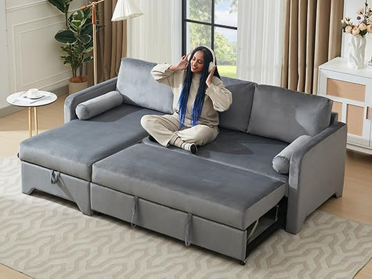 Tbfit 90.6'' 3 in 1 Sleeper Sofa Couch with Storage Chaise Velvet Sofa Bed with Pull Out Bed Convertible Sleeper Sofas for Living Room Small Spaces Grey