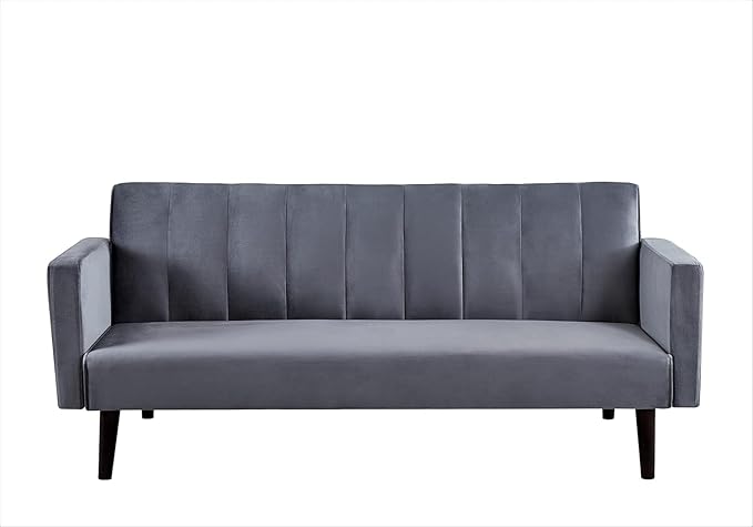 72 Velvet Convertible Futon Sofa Bed - Full Out Twin Sleeper Couch w/Channel Stitch Wood Frame &amp High-Density Foam - Space-Saving for Apartments/Dorms Grey