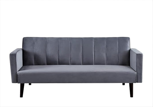 72 Velvet Convertible Futon Sofa Bed - Full Out Twin Sleeper Couch w/Channel Stitch Wood Frame &amp High-Density Foam - Space-Saving for Apartments/Dorms Grey