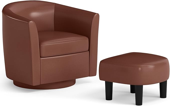 Giantex Swivel Small Accent Chair with Ottoman Modern Faux Leather Barrel Club Chair w/Footrest Removable Seat Cushion Swivel Single Sofa Arm Chair for Living Room Bedroom Office (Brown)