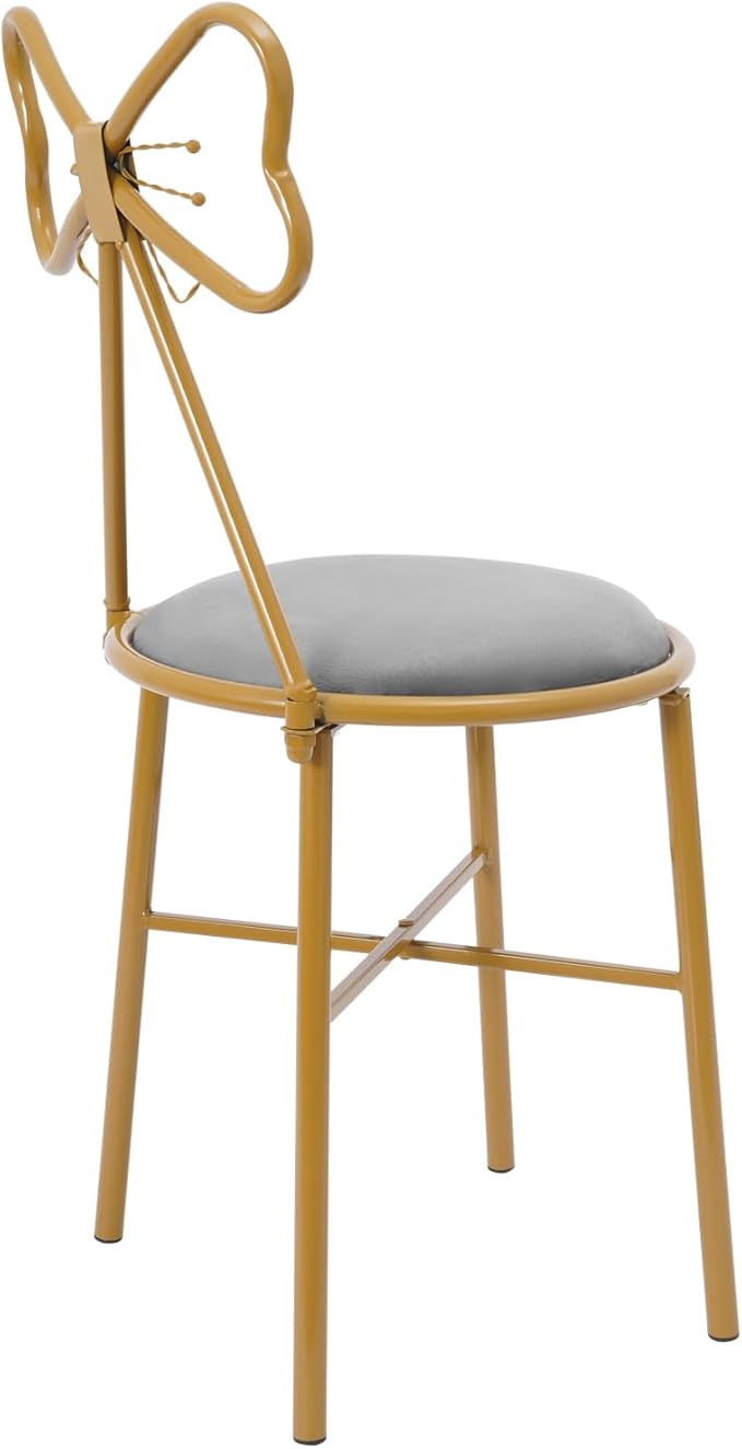 Modern Vanity Chair StoolCute Makeup Chair w/Butterfly BackrestGirl's Stool Ottoman BenchMetal Bench Legs Gold Dining ChairBow Knot Design Seat for Bedroom Living Room (Grey Velvet)