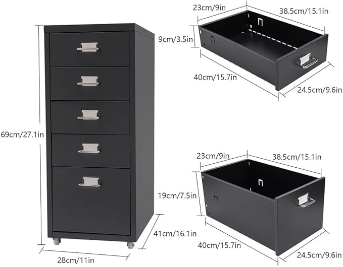 5-Drawer File Cabinet Office Filing Cabinet Stand Storage Organizer with Wheels Freestanding Rolling Storage Dresser Mutifuctional Tool Organizer for Kitchen Bedroom Living Room (Black)