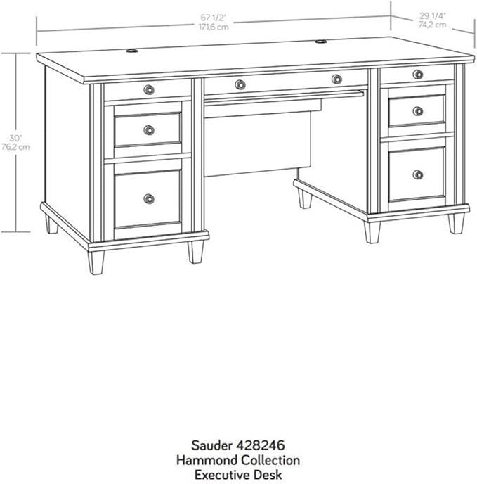 Pemberly Row Executive Desk Engineered Wood Chalk Oak Finish 1 Thick Top Double Pedestal with Storage Drawers Solid Wood Feet Home Office Desk with Grommet Holes for Organized Workspace