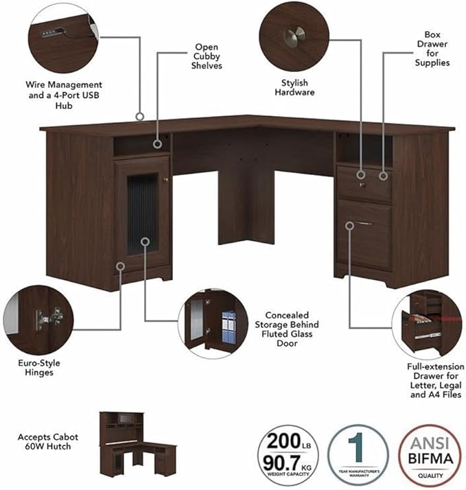 Pemberly Row 60W L Shaped Computer Desk Modern Walnut Finish Engineered Wood Built-in USB Hub Fluted Glass Cabinet File Drawer Open Shelves Home Office Corner Desk 59.45 x 59.45 x 30 Inches
