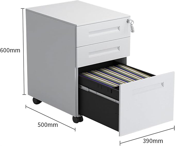 File Cabinet 3 Drawer Metal Mobile File Cabinet with Lock Under Desk Storage(Color:White)