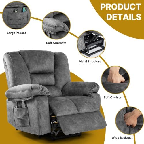 Electric Power Lift Recliner Chair Recliner Sofa for Elderly Heat and Massage2 Cup Holders Recliners Chairs for Living Room Infinite Position and Double 2 Side Pocket (Grey)