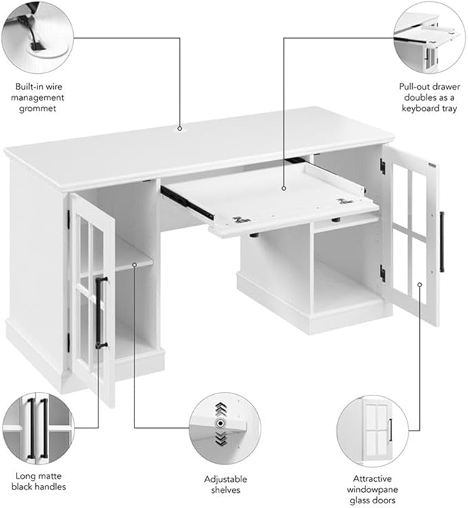 BOWERY HILL 60W Computer Desk Engineered Wood White Finish Keyboard Tray Storage Cabinets with Adjustable Shelves Farmhouse Style Home Office Desk with Matte Black Handles Durable Design for