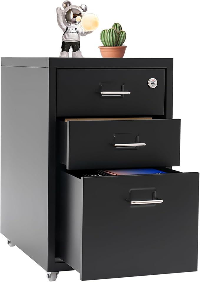 File Cabinet 3 Drawer Mobile Metal Storage Cabinets with Lock and Wheels Vertical Filing Cabinet Under Desk Document Classification Organizer for Office Home Study Dresser (Black)