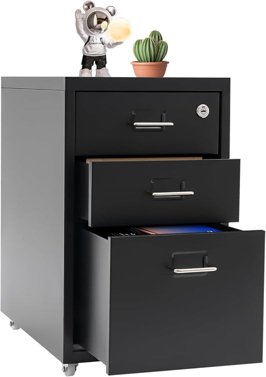 File Cabinet 3-Drawer Vertical Filing Cabinet Steel Mobile File Cabinet with Lock Under Desk Storage Cabinet with Wheels Filing Cabinet Under Desk for Office Study (Black)