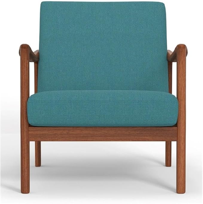 Pemberly Row Modern Lounge Chair Turquoise Polyester Upholstery 29 H x 27.5 W x 34 D Solid Rubberwood Frame Medium Brown Finish Comfortable Accent Chair for Living Room or Reading Nook