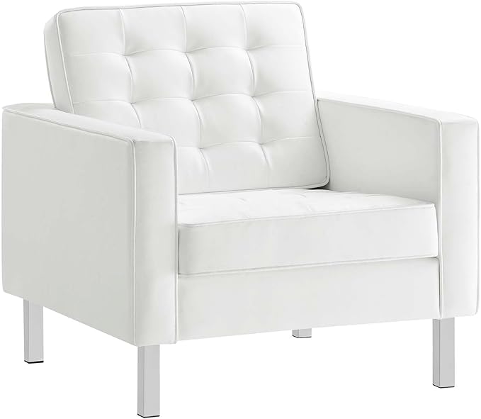 Modway EEI-3391- Loft Tufted Button Faux Leather Upholstered Accent Armchair in Silver White