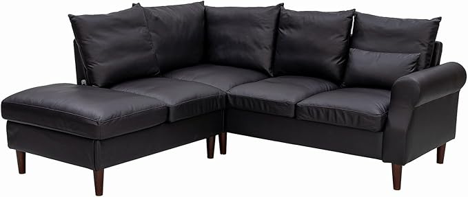 Panana 5 Seats Sectional Sofa Leathaire Fabric with Built-in USB Charging Port Chaise Right Corner L Shaped Couch (Black Leathaire 5 Seater Right Corner with Chaise)