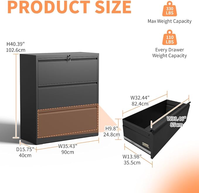 Lateral File Cabinet with Lock – Heavy-Duty Metal Filing Cabinet for Home Office Space-Saving Wide Storage for Letter/Legal/A4/F4 Silent Full-Extension Slides Easy-Assembly (Black + Modern)
