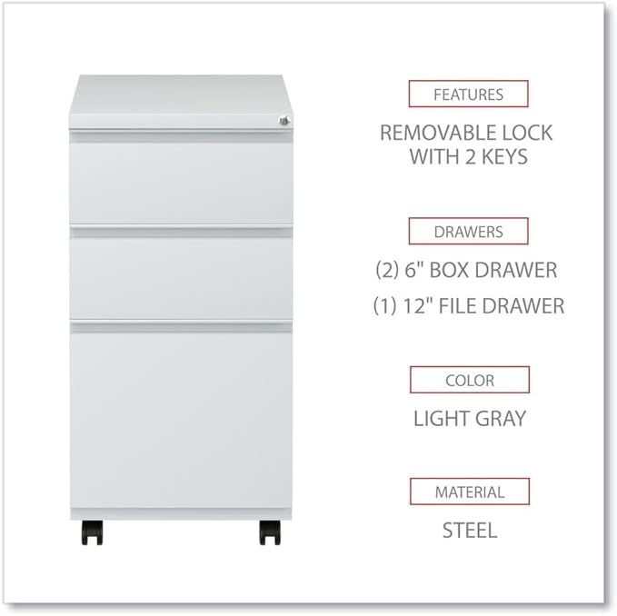 Alera PBBBFLG Three-Drawer Pedestal File with Full-Length Pull 14 7/8 x 19 1/8 Light Gray