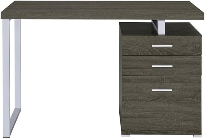 Pemberly Row 3-Drawer Office Desk Weathered Gray Wood and Silver Metal 47.25 W x 23.5 D x 30 H File Cabinet Contemporary Design Sleek Workspace for Home Office or Study Room