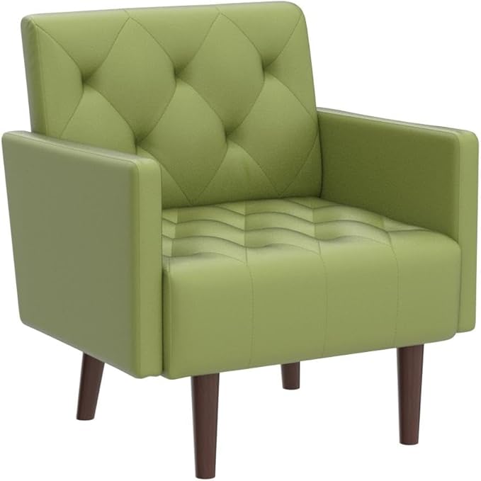 Faux Leather Accent Chair Modern Retro Arm Chair for Living Room and Bedroom Tufted Upholstered Sofa Club Chair Comfy Armchair for Small Spaces Bedroom Office (Olive)