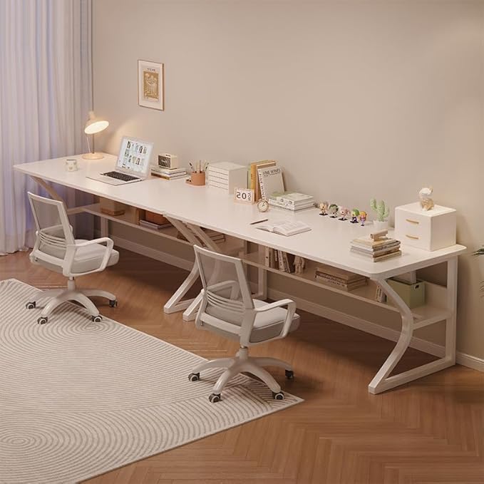 Extra Long Desk with Bookshelf - 71 Double Long Writing Table for 2-Person Workstation Modern Study Work Computer Desk for Home and Office Warm White