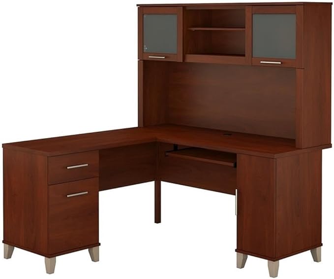 Pemberly Row Transitional 60W L-Shaped Desk with Hutch Hansen Cherry Finish Thermally Fused Laminate Construction Keyboard Tray File Drawer Vertical Storage Cabinet Office Furniture for Home