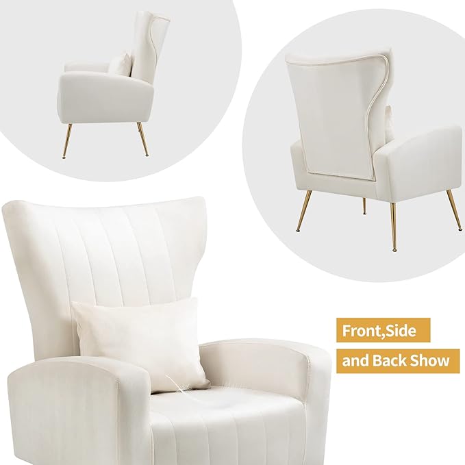 X-VOLSPORT Velvet Accent Chairs Set of 2 Mid Century Modern High Back Living Room Chair with Waist Pillow Upholstered Arm Chair with Metal Gold Legs for Bedroom Club White