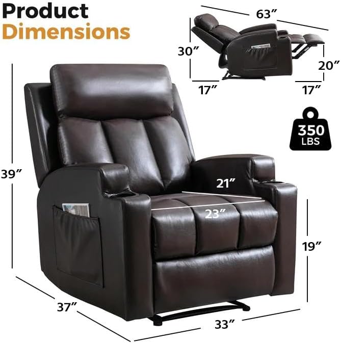 CANMOV Manual Recliner Chair with Massage and HeatBreathable Leather Recliner Chair with Armrest and Backrest Manual Reclining Single Sofa with 2 Cup Holders Side Pocket for Living RoomDark Brown