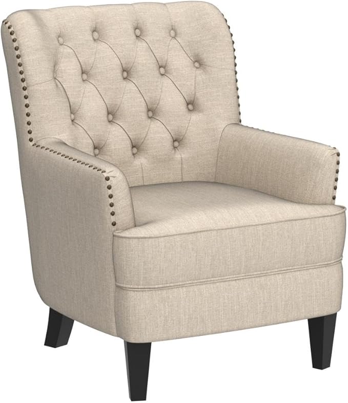 Rosevera Accent Chair and Ottoman Set - Button Tufted Armchair for Living ROM Bedroom Reading - Mid-Century Modern Lounge Chair Set - Beige