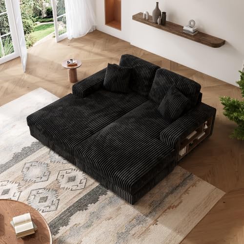 79.5 Oversized Double Chaise Lounge Chair Indoor Modern Upholstered Sleeper Sofa Bed with 2 Storage Armrests and Throw Pillows Comfy Fluffy Corduroy Couch (Black 79.5 Double Chaise)