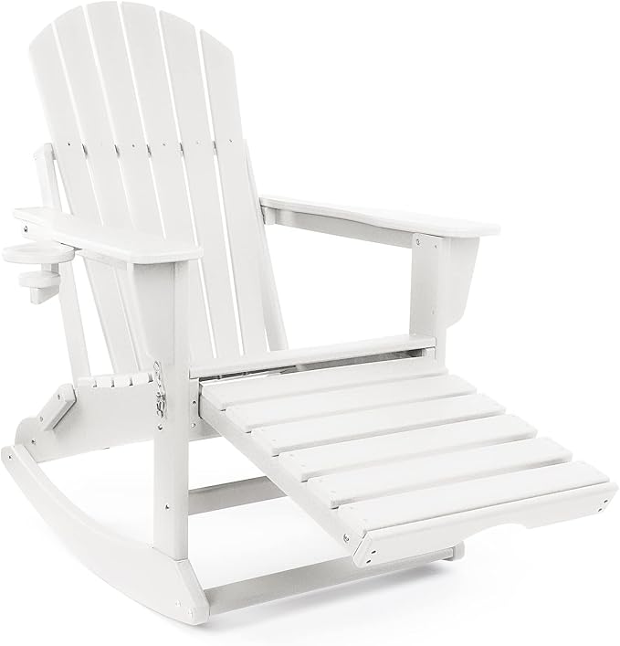 FUNBERRY Adirondack Rocking Chair Multifunctional 4-in-1 Porch Rocker with Retractable Ottoman &amp Cup Holder HDPE All Weather
