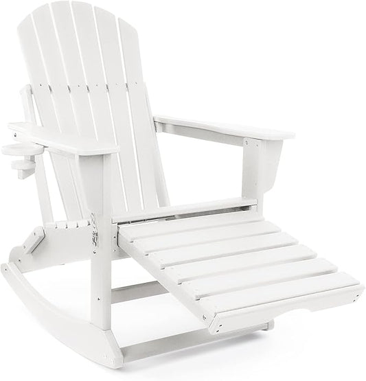 FUNBERRY Adirondack Rocking Chair Multifunctional 4-in-1 Porch Rocker with Retractable Ottoman &amp Cup Holder HDPE All Weather