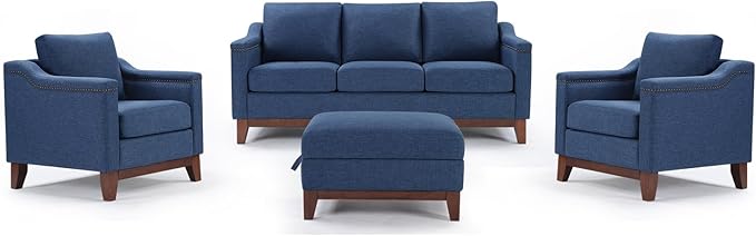 Modern 4 Piece Sofa Set with Rivets Included Chenille Accent Chair Set of 2 Upholstered 3-Seater Couches with Solid Wood Legs Storage Ottoma Living Room Furniture SetBlue