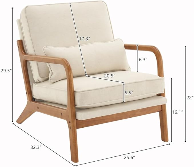 LLS Accent Chair Mid-Century Modern Upholstered Armchair with Lumbar Pillow Comfy Lounge Chair Reading Chair with Solid Wood Frame &amp Soft Cushion for Living Room Bedroom Balcony Off-White