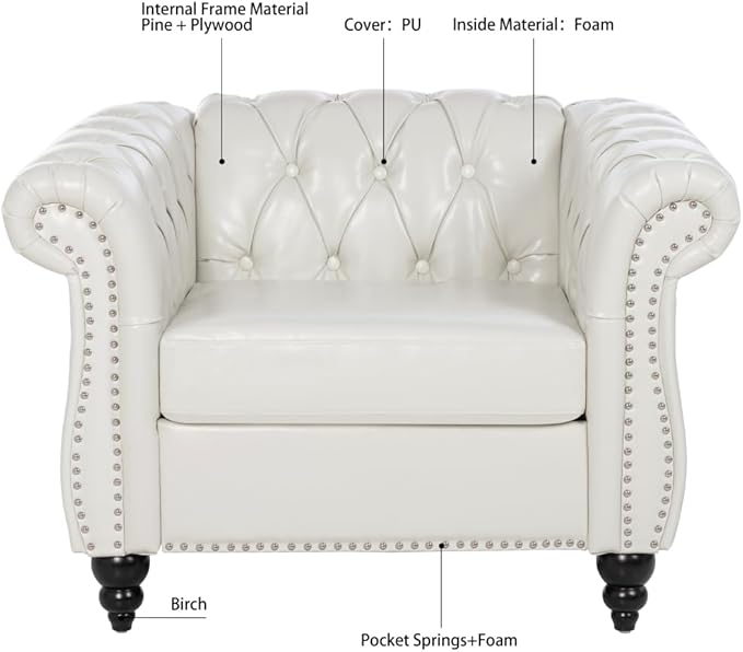 Modern Chesterfield Armchair PU Leather Rolled Arm Tufted Back Accent Chairs Upholstery Nailhead Trim for Living Room Office (White PU)