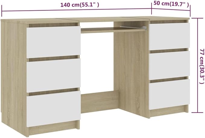 Stylish Computer Desk Writing Study Table with 6 Drawers Home Office Student Table Laptop PC Writing Desk Home Office Writing Desk White and Sonoma Oak 55.1x19.7x30.3 -AA