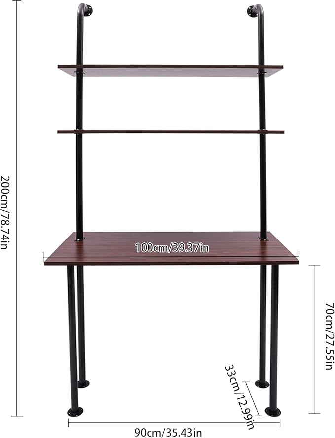 Industrial Wall Mount Desk with Shelves 3-Shelf Ladder Desk Computer Writing Table for Small Spaces Black and Brown Modern Narrow Floating Table with Storage (13 Dx39.4 Wx79 H)
