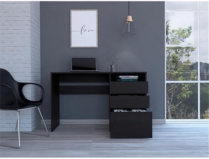 Pemberly Row Computer Desk 47.4 Wx17.1 Dx29.5 H Engineered Wood Black Finish 3 Drawer Design with Cubby Space Compact Modern Style Home Office Desk for Workspace Storage
