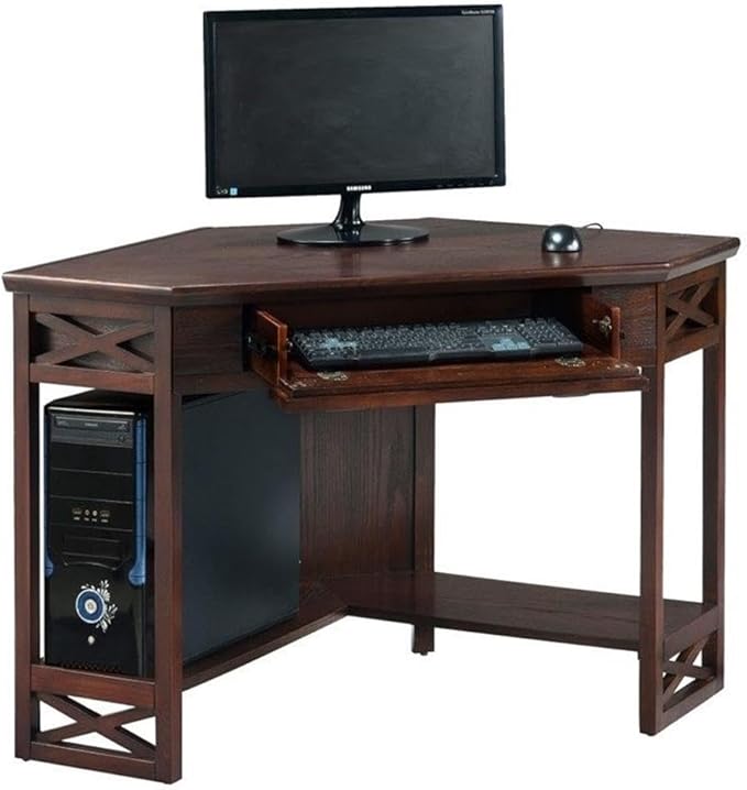 Leick Home 81430 Corner Computer/Writing Desk with Drawer and Shelf Chocolate Oak