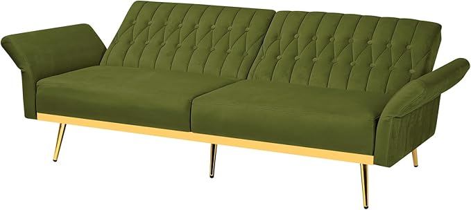 70 Velvet Futon with Adjustable Backrest and Armrests Sofa Bed with Extra Pillows for Waiting Room Living Room and Office Olive Green