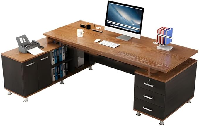 RUNNUP L-Shaped Executive Desk Contemporary Home Office Desk with Drawers and Cable Management Brown Writing Desk 63 L x 47 W x 31 H Left Hand Return