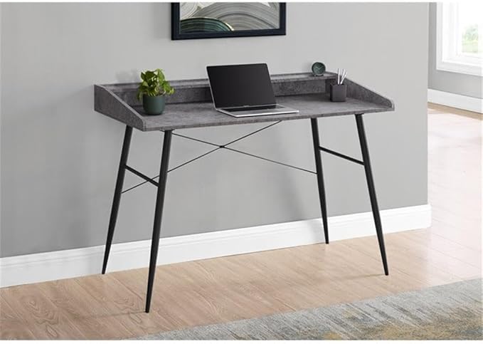 Pemberly Row Computer Desk 48 in Home Office Laptop Table with Storage Shelves Particle Board and Metal Grey Stone and Black Finish Compact Mid-Century Modern Style for Bedroom or Living Room Use