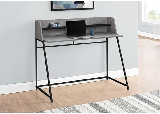 Pemberly Row Computer Desk 48 L Grey Wood-Look Laminate Metal Base with Hutch Storage Shelf Contemporary Design for Home Office or Bedroom