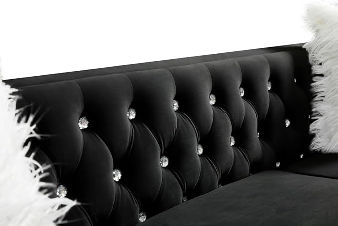 i-POOK 83 W 3 Seat Velvet Couch Chesterfield Sofa with 2 Plush Pillows Crystal Legs and Nailhead Trim Arms Button Tufted Black Couch for Living Room Office Guests Room