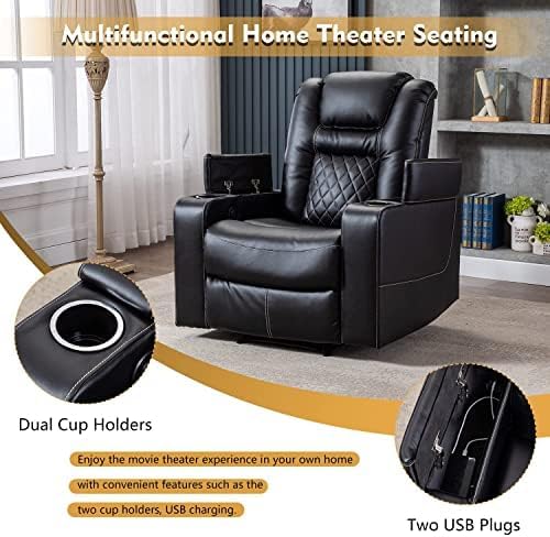 CANMOV Electric Power Recliner Chair Set of 2 Breathable Leather Home Theater Seating with Hidden Arm Storage Power Recliner Chair for Living Room with USB Ports and Cup HoldersBlack