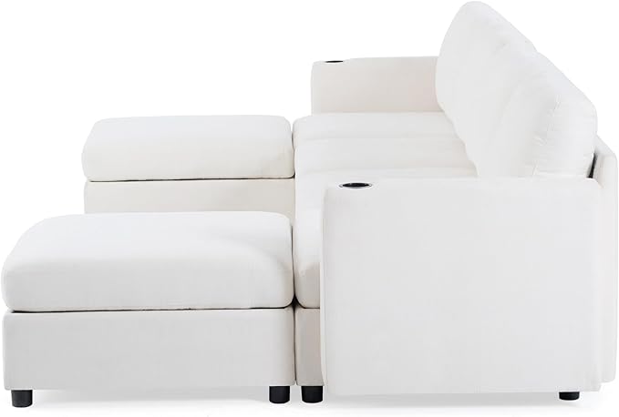 ERYE Oversized Chenille Upholstered Modular Storage Sectional Sofa Couch W/2 Movable Ottomans &amp Cupholders U-Shaped Free Combined Sofa Couch Convertible Sleeper Sofabed for Living Room Apartment
