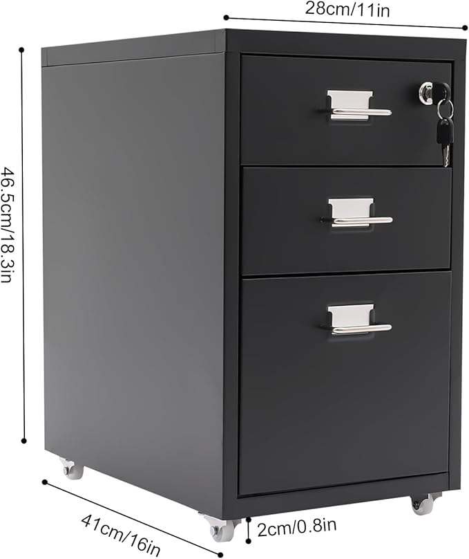 File Cabinet 3 Drawer Mobile Metal Storage Cabinets with Lock and Wheels Vertical Filing Cabinet Under Desk Document Classification Organizer for Office Home Study Dresser (Black)