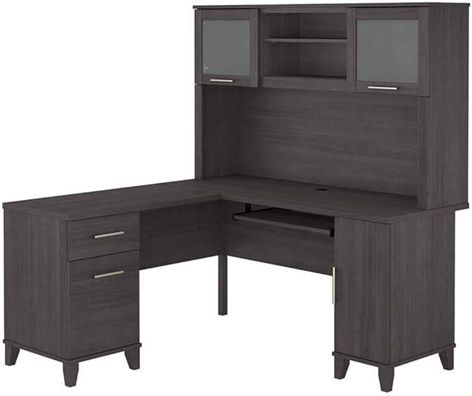 Pemberly Row 60W L Shaped Desk with Hutch Storm Gray Finish Thermally Fused Laminate Engineered Wood Storage Cabinet Keyboard Tray File Drawer Home Office Desk and Hutch Set