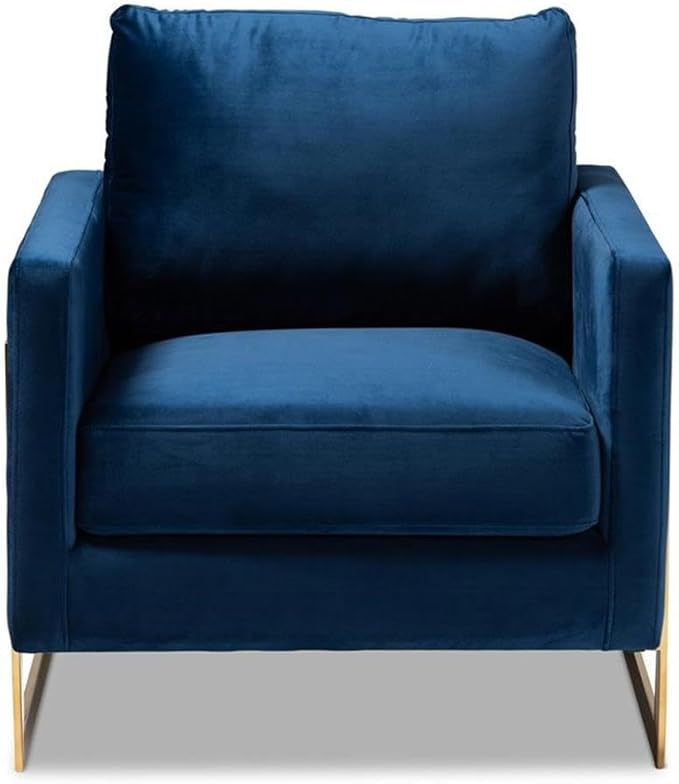BOWERY HILL Velvet Accent Chair Royal Blue Upholstery Gold-Tone Stainless Steel Frame 34.3 H x 31.5 W x 33.9 D Removable Cushions Glam Modern Style Armchair for Living Room or Lounge Use