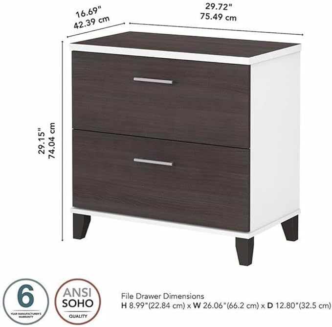 Pemberly Row 2 Drawer Wood Lateral File Cabinet White and Storm Gray Finish 30W x 17D x 29H Full-Extension Ball Bearing Slides Transitional Style Home Office Storage Furniture for Documents