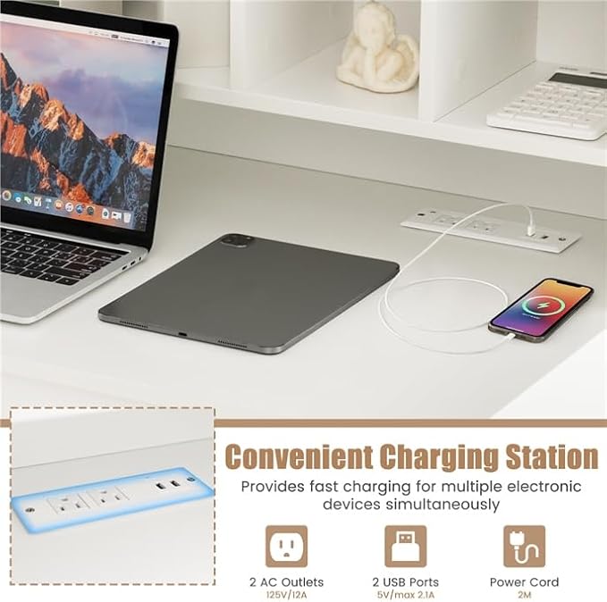 LDAILY Modern Home Office Desk with Hutch Office Desk with USB Charging Ports and Power Outlets Computer Desk with 5 Storage Cubbies and 2 Drawers Writing Study Desk for Bedroom (White)