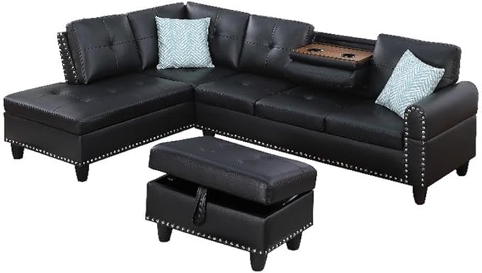 Devion Furniture Transitional PU Faux Leather Sectional Sofa with Lift-top Storage Ottoman for Living Room in Black Finish