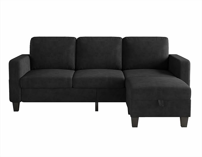 Small Couches for Living Room 78 Convertible L Shaped Couch Black 3 Seater Sofas with Movable Storage Ottoman for Small Space