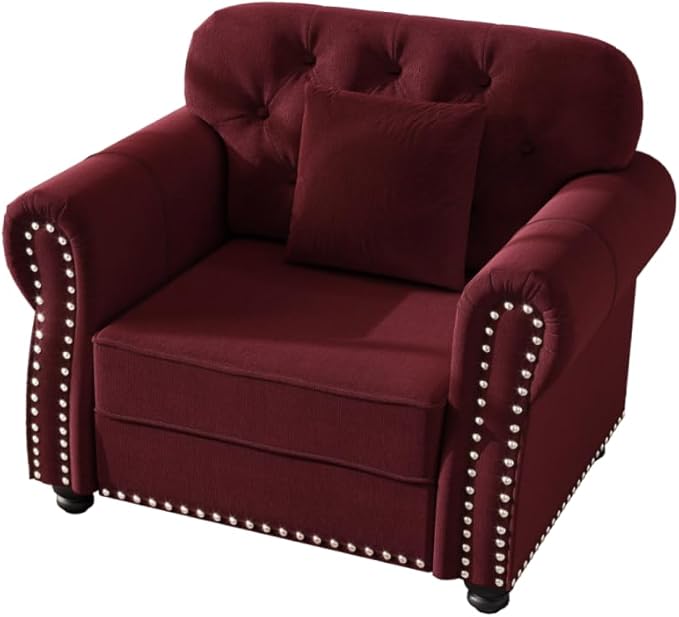 41.3 Burgundy Upholstered Velvet Sofa with Ottoman &amp Pillow Mid-Century Button Tufted Chesterfield Couch Nailhead Trim &amp Rolled Arms Bedroom or Living Room Accent Seating